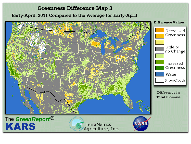 Color-coded U.S. vegetation greeness index map for Period 15 of 2011, illustrating spatial variations in plant vigor, with greener tones indicating higher biomass and browner tones indicating stressed vegetation,
              comparing current crop/vegetation change in biomass to the 20-year greenness average.