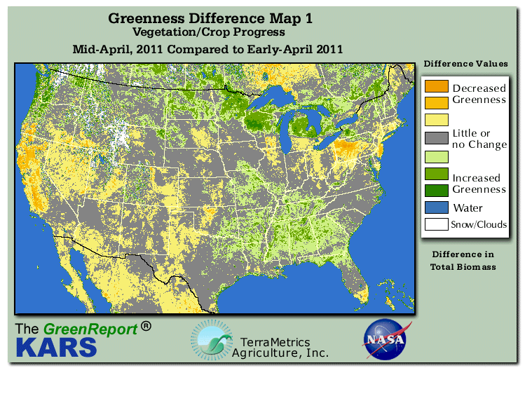 Color-coded U.S. vegetation greeness index map for Period 16 of 2011, illustrating spatial variations in plant vigor, with greener tones indicating higher biomass and browner tones indicating stressed vegetation,
              comparing current crop/vegetation change in biomass to the previous week within the same year.
