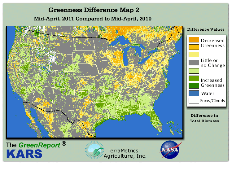 Color-coded U.S. vegetation greeness index map for Period 16 of 2011, illustrating spatial variations in plant vigor, with greener tones indicating higher biomass and browner tones indicating stressed vegetation,
              comparing current crop/vegetation change in biomass to same period from the previous year.