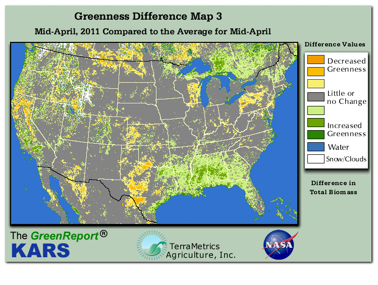 Color-coded U.S. vegetation greeness index map for Period 16 of 2011, illustrating spatial variations in plant vigor, with greener tones indicating higher biomass and browner tones indicating stressed vegetation,
              comparing current crop/vegetation change in biomass to the 20-year greenness average.