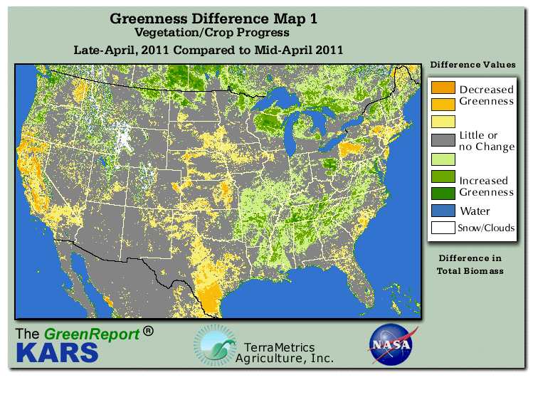 Color-coded U.S. vegetation greeness index map for Period 17 of 2011, illustrating spatial variations in plant vigor, with greener tones indicating higher biomass and browner tones indicating stressed vegetation,
              comparing current crop/vegetation change in biomass to the previous week within the same year.