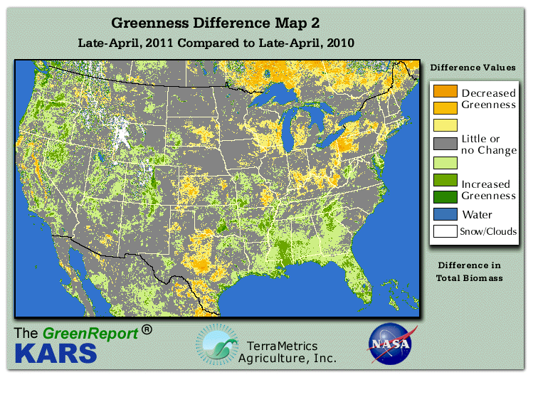 Color-coded U.S. vegetation greeness index map for Period 17 of 2011, illustrating spatial variations in plant vigor, with greener tones indicating higher biomass and browner tones indicating stressed vegetation,
              comparing current crop/vegetation change in biomass to same period from the previous year.