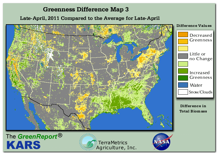 Color-coded U.S. vegetation greeness index map for Period 17 of 2011, illustrating spatial variations in plant vigor, with greener tones indicating higher biomass and browner tones indicating stressed vegetation,
              comparing current crop/vegetation change in biomass to the 20-year greenness average.