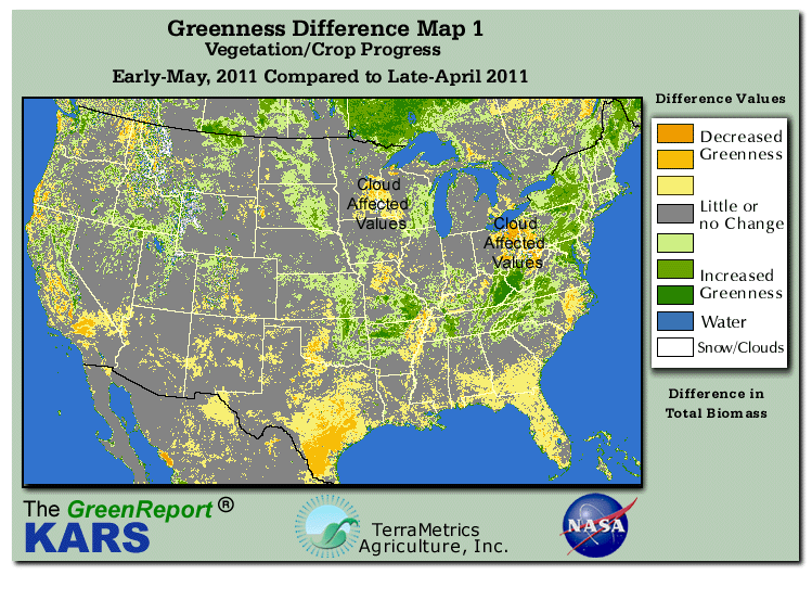 Color-coded U.S. vegetation greeness index map for Period 18 of 2011, illustrating spatial variations in plant vigor, with greener tones indicating higher biomass and browner tones indicating stressed vegetation,
              comparing current crop/vegetation change in biomass to the previous week within the same year.