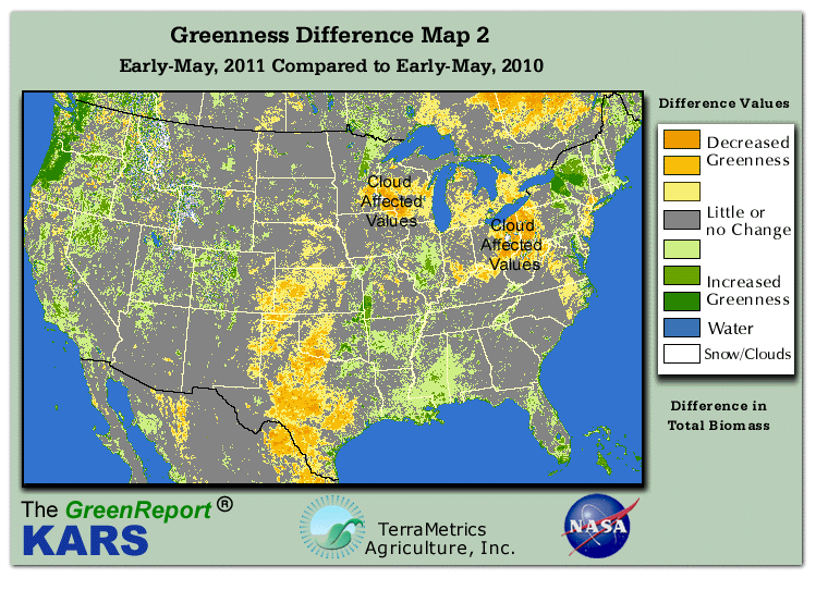 Color-coded U.S. vegetation greeness index map for Period 18 of 2011, illustrating spatial variations in plant vigor, with greener tones indicating higher biomass and browner tones indicating stressed vegetation,
              comparing current crop/vegetation change in biomass to same period from the previous year.