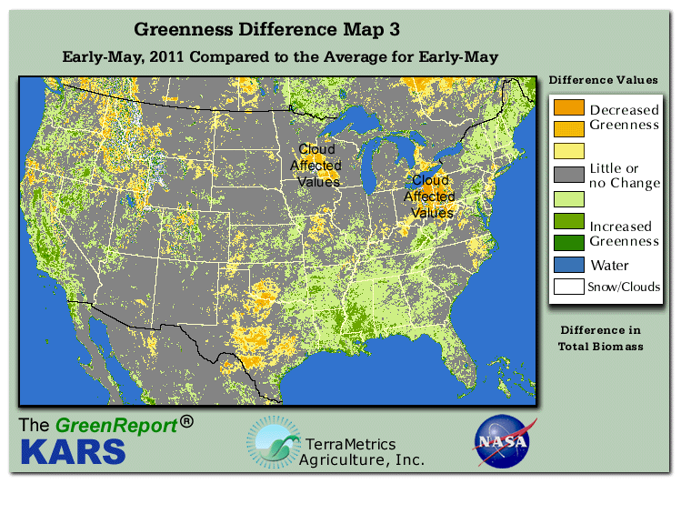 Color-coded U.S. vegetation greeness index map for Period 18 of 2011, illustrating spatial variations in plant vigor, with greener tones indicating higher biomass and browner tones indicating stressed vegetation,
              comparing current crop/vegetation change in biomass to the 20-year greenness average.