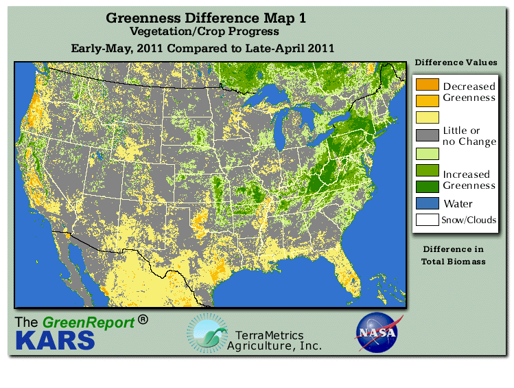 Color-coded U.S. vegetation greeness index map for Period 19 of 2011, illustrating spatial variations in plant vigor, with greener tones indicating higher biomass and browner tones indicating stressed vegetation,
              comparing current crop/vegetation change in biomass to the previous week within the same year.