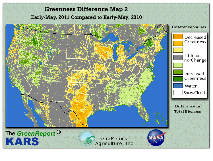 Color-coded U.S. vegetation greeness index map for Period 19 of 2011, illustrating spatial variations in plant vigor, with greener tones indicating higher biomass and browner tones indicating stressed vegetation,
              comparing current crop/vegetation change in biomass to same period from the previous year.