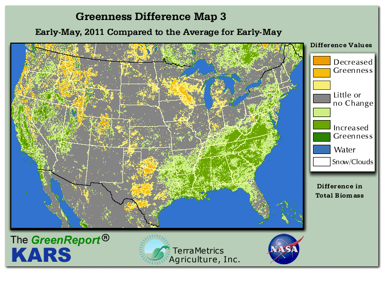 Color-coded U.S. vegetation greeness index map for Period 19 of 2011, illustrating spatial variations in plant vigor, with greener tones indicating higher biomass and browner tones indicating stressed vegetation,
              comparing current crop/vegetation change in biomass to the 20-year greenness average.