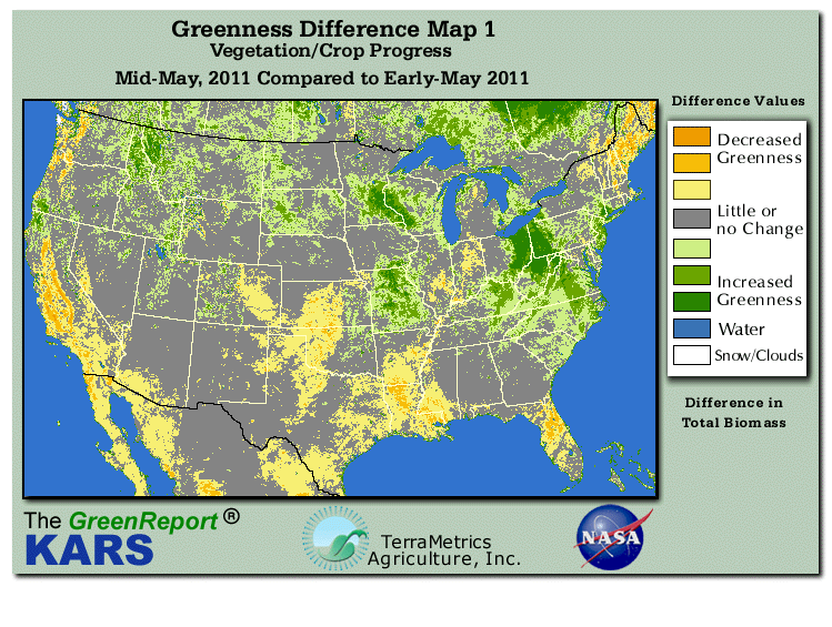 Color-coded U.S. vegetation greeness index map for Period 20 of 2011, illustrating spatial variations in plant vigor, with greener tones indicating higher biomass and browner tones indicating stressed vegetation,
              comparing current crop/vegetation change in biomass to the previous week within the same year.