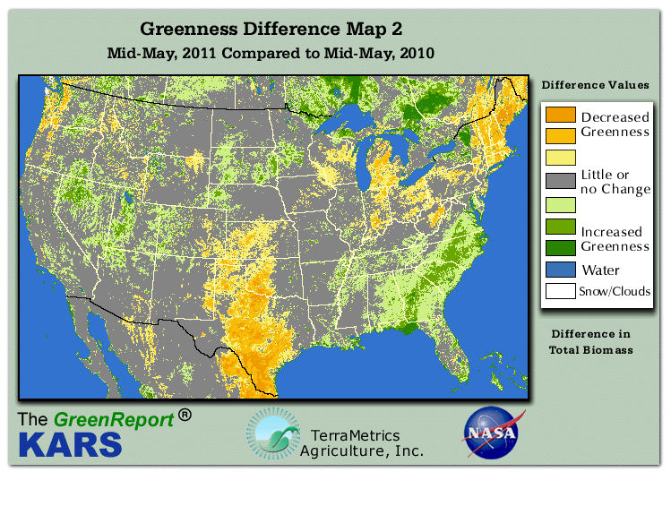 Color-coded U.S. vegetation greeness index map for Period 20 of 2011, illustrating spatial variations in plant vigor, with greener tones indicating higher biomass and browner tones indicating stressed vegetation,
              comparing current crop/vegetation change in biomass to same period from the previous year.