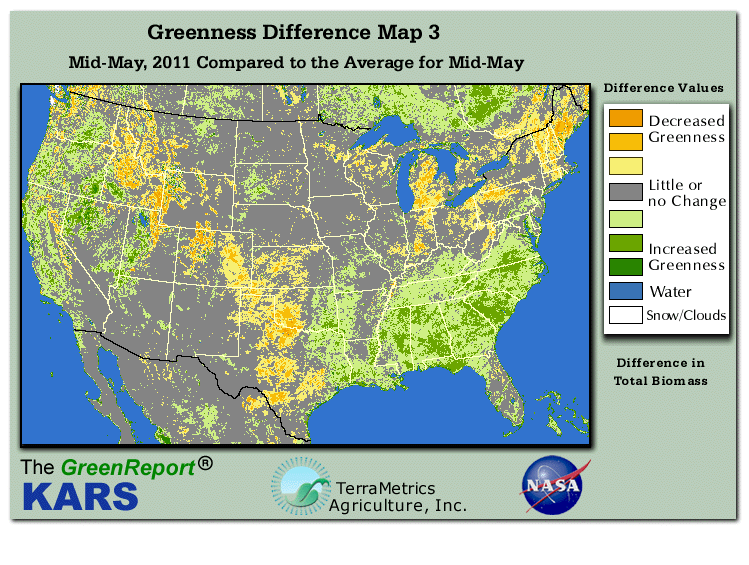 Color-coded U.S. vegetation greeness index map for Period 20 of 2011, illustrating spatial variations in plant vigor, with greener tones indicating higher biomass and browner tones indicating stressed vegetation,
              comparing current crop/vegetation change in biomass to the 20-year greenness average.