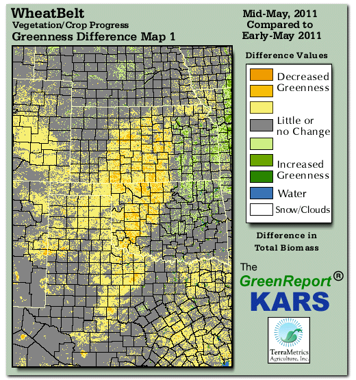 Color-coded Wheat Belt vegetation greeness index map for Period 20 of 2011, illustrating spatial variations in plant vigor, with greener tones indicating higher biomass and browner tones indicating stressed vegetation,
              comparing current crop/vegetation change in biomass to the previous week within the same year.