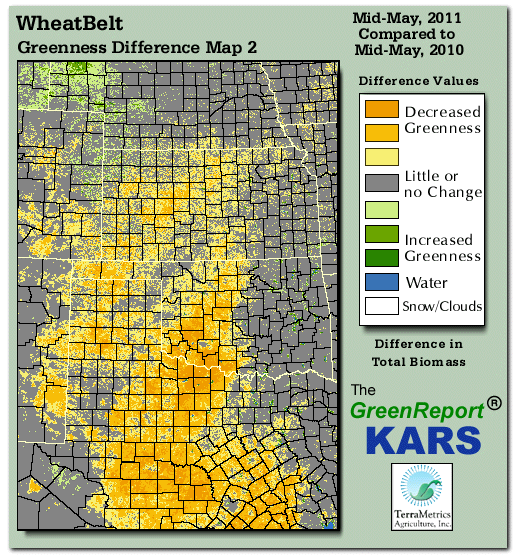 Color-coded Wheat Belt vegetation greeness index map for Period 20 of 2011, illustrating spatial variations in plant vigor, with greener tones indicating higher biomass and browner tones indicating stressed vegetation,
              comparing current crop/vegetation change in biomass to same period from the previous year.