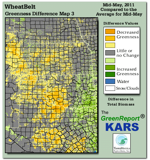 Color-coded Wheat Belt vegetation greeness index map for Period 20 of 2011, illustrating spatial variations in plant vigor, with greener tones indicating higher biomass and browner tones indicating stressed vegetation,
              comparing current crop/vegetation change in biomass to the 20-year greenness average.