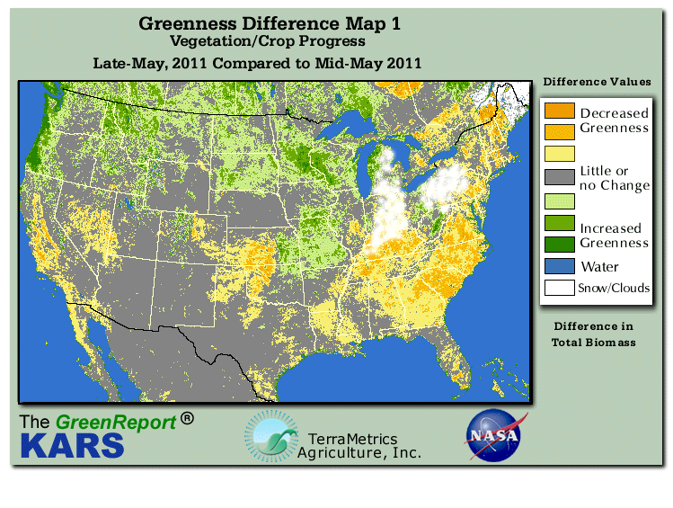 Color-coded U.S. vegetation greeness index map for Period 21 of 2011, illustrating spatial variations in plant vigor, with greener tones indicating higher biomass and browner tones indicating stressed vegetation,
              comparing current crop/vegetation change in biomass to the previous week within the same year.