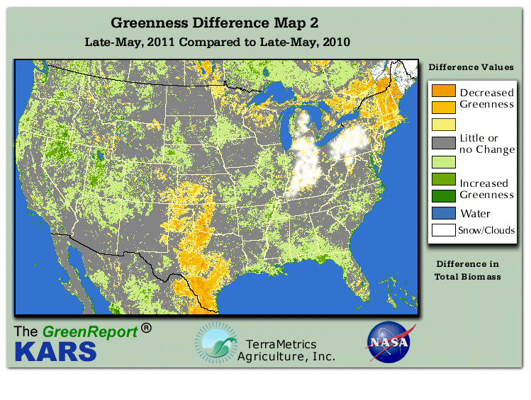 Color-coded U.S. vegetation greeness index map for Period 21 of 2011, illustrating spatial variations in plant vigor, with greener tones indicating higher biomass and browner tones indicating stressed vegetation,
              comparing current crop/vegetation change in biomass to same period from the previous year.