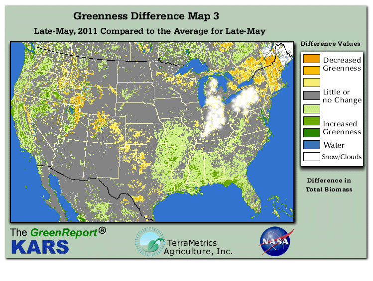 Color-coded U.S. vegetation greeness index map for Period 21 of 2011, illustrating spatial variations in plant vigor, with greener tones indicating higher biomass and browner tones indicating stressed vegetation,
              comparing current crop/vegetation change in biomass to the 20-year greenness average.