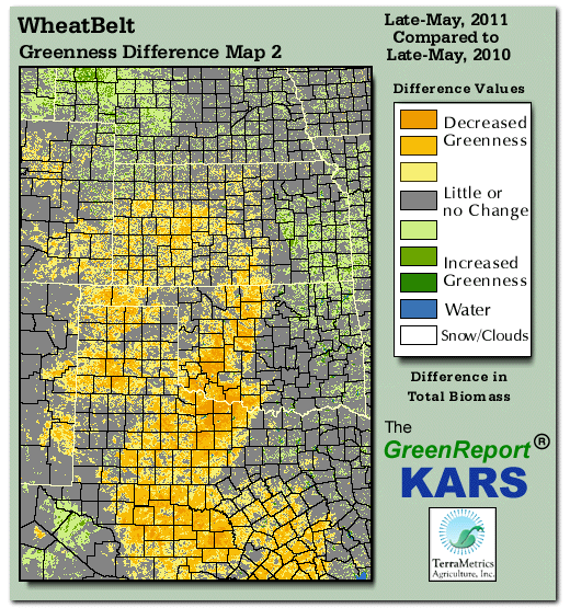 Color-coded Wheat Belt vegetation greeness index map for Period 21 of 2011, illustrating spatial variations in plant vigor, with greener tones indicating higher biomass and browner tones indicating stressed vegetation,
              comparing current crop/vegetation change in biomass to same period from the previous year.
