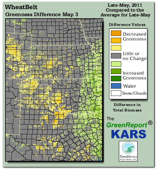 Color-coded Wheat Belt vegetation greeness index map for Period 21 of 2011, illustrating spatial variations in plant vigor, with greener tones indicating higher biomass and browner tones indicating stressed vegetation,
              comparing current crop/vegetation change in biomass to the 20-year greenness average.