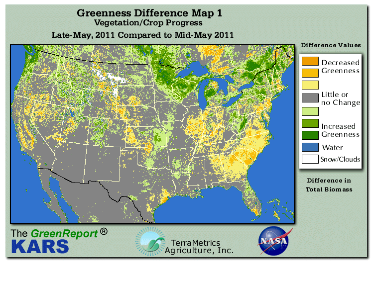 Color-coded U.S. vegetation greeness index map for Period 22 of 2011, illustrating spatial variations in plant vigor, with greener tones indicating higher biomass and browner tones indicating stressed vegetation,
              comparing current crop/vegetation change in biomass to the previous week within the same year.