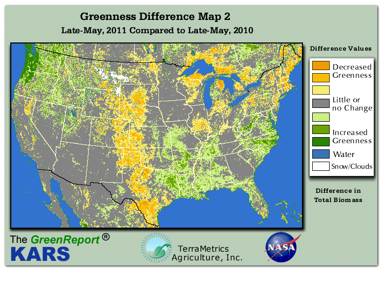 Color-coded U.S. vegetation greeness index map for Period 22 of 2011, illustrating spatial variations in plant vigor, with greener tones indicating higher biomass and browner tones indicating stressed vegetation,
              comparing current crop/vegetation change in biomass to same period from the previous year.