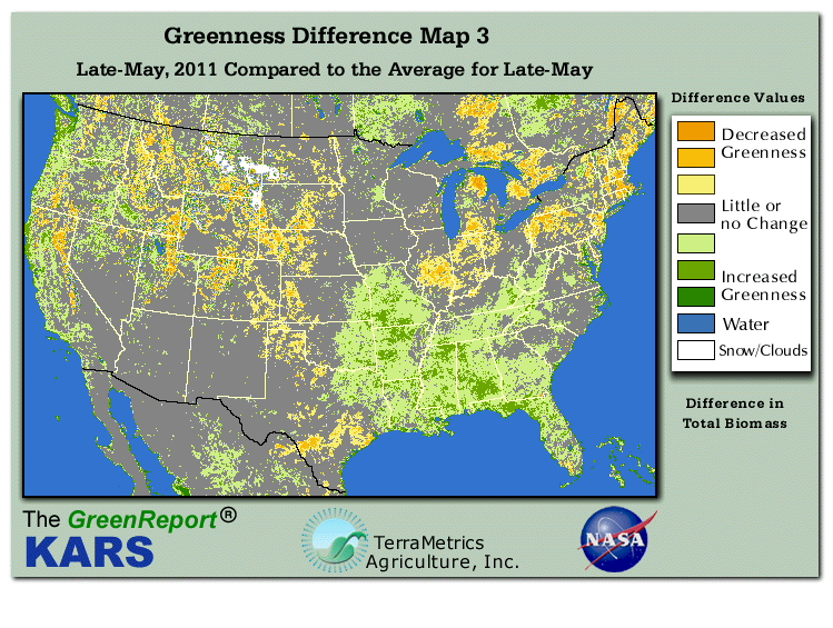 Color-coded U.S. vegetation greeness index map for Period 22 of 2011, illustrating spatial variations in plant vigor, with greener tones indicating higher biomass and browner tones indicating stressed vegetation,
              comparing current crop/vegetation change in biomass to the 20-year greenness average.