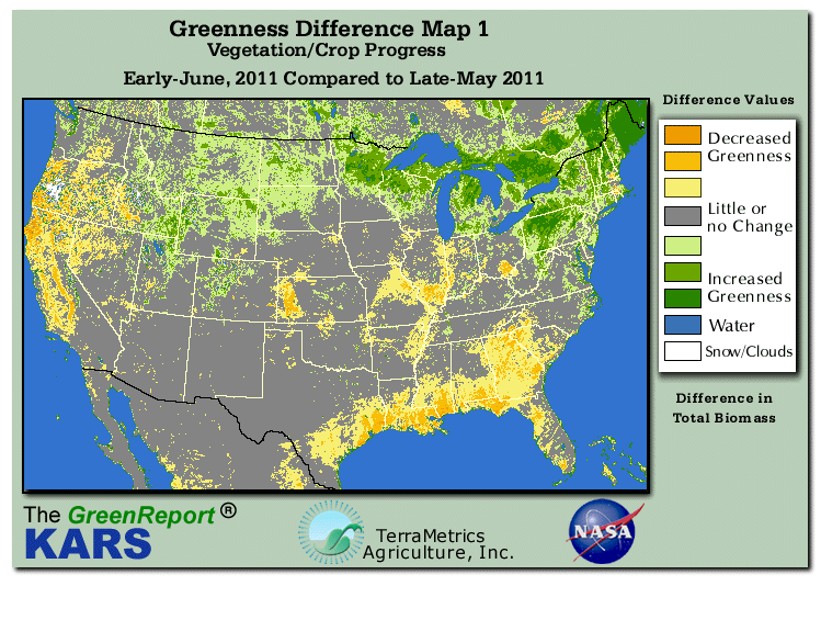 Color-coded U.S. vegetation greeness index map for Period 23 of 2011, illustrating spatial variations in plant vigor, with greener tones indicating higher biomass and browner tones indicating stressed vegetation,
              comparing current crop/vegetation change in biomass to the previous week within the same year.