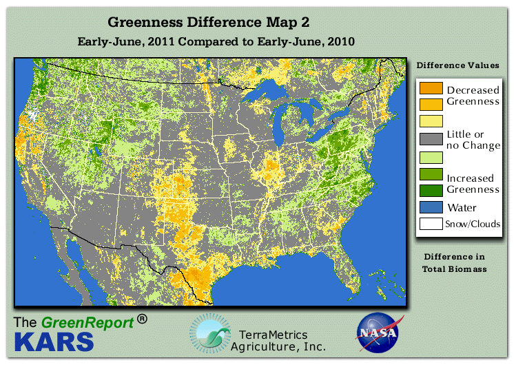 Color-coded U.S. vegetation greeness index map for Period 23 of 2011, illustrating spatial variations in plant vigor, with greener tones indicating higher biomass and browner tones indicating stressed vegetation,
              comparing current crop/vegetation change in biomass to same period from the previous year.