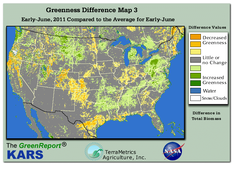 Color-coded U.S. vegetation greeness index map for Period 23 of 2011, illustrating spatial variations in plant vigor, with greener tones indicating higher biomass and browner tones indicating stressed vegetation,
              comparing current crop/vegetation change in biomass to the 20-year greenness average.