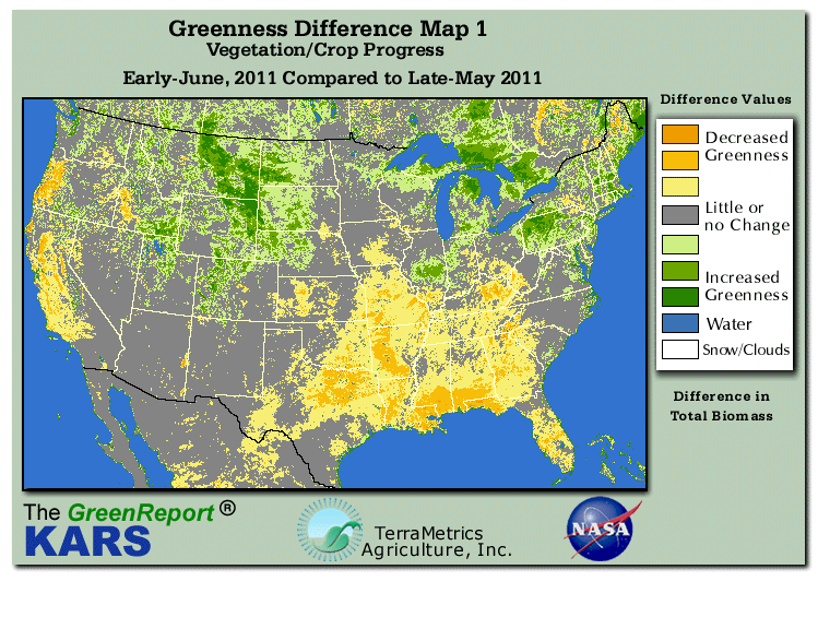 Color-coded U.S. vegetation greeness index map for Period 24 of 2011, illustrating spatial variations in plant vigor, with greener tones indicating higher biomass and browner tones indicating stressed vegetation,
              comparing current crop/vegetation change in biomass to the previous week within the same year.