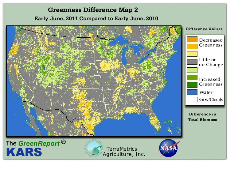 Color-coded U.S. vegetation greeness index map for Period 24 of 2011, illustrating spatial variations in plant vigor, with greener tones indicating higher biomass and browner tones indicating stressed vegetation,
              comparing current crop/vegetation change in biomass to same period from the previous year.