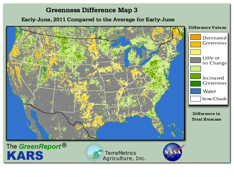 Color-coded U.S. vegetation greeness index map for Period 24 of 2011, illustrating spatial variations in plant vigor, with greener tones indicating higher biomass and browner tones indicating stressed vegetation,
              comparing current crop/vegetation change in biomass to the 20-year greenness average.