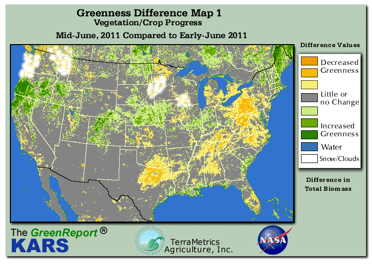 Color-coded U.S. vegetation greeness index map for Period 25 of 2011, illustrating spatial variations in plant vigor, with greener tones indicating higher biomass and browner tones indicating stressed vegetation,
              comparing current crop/vegetation change in biomass to the previous week within the same year.