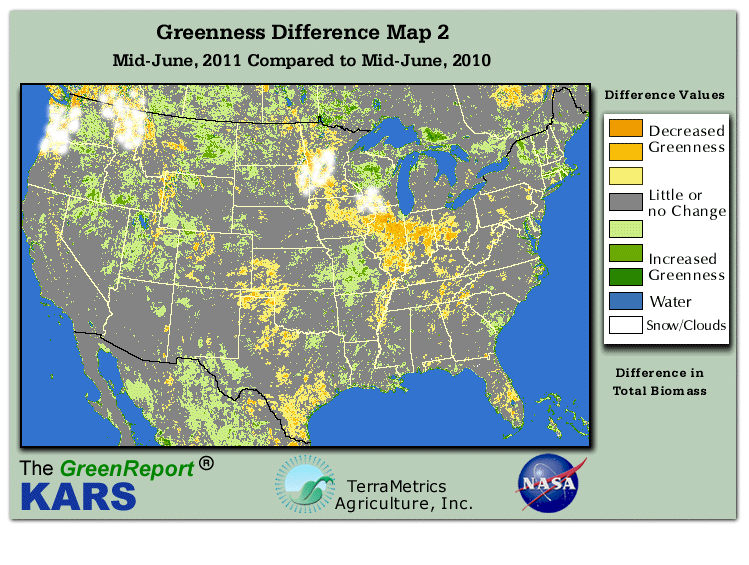 Color-coded U.S. vegetation greeness index map for Period 25 of 2011, illustrating spatial variations in plant vigor, with greener tones indicating higher biomass and browner tones indicating stressed vegetation,
              comparing current crop/vegetation change in biomass to same period from the previous year.