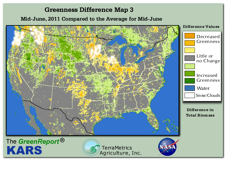Color-coded U.S. vegetation greeness index map for Period 25 of 2011, illustrating spatial variations in plant vigor, with greener tones indicating higher biomass and browner tones indicating stressed vegetation,
              comparing current crop/vegetation change in biomass to the 20-year greenness average.