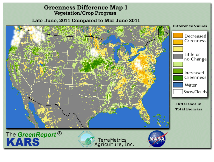 Color-coded U.S. vegetation greeness index map for Period 26 of 2011, illustrating spatial variations in plant vigor, with greener tones indicating higher biomass and browner tones indicating stressed vegetation,
              comparing current crop/vegetation change in biomass to the previous week within the same year.