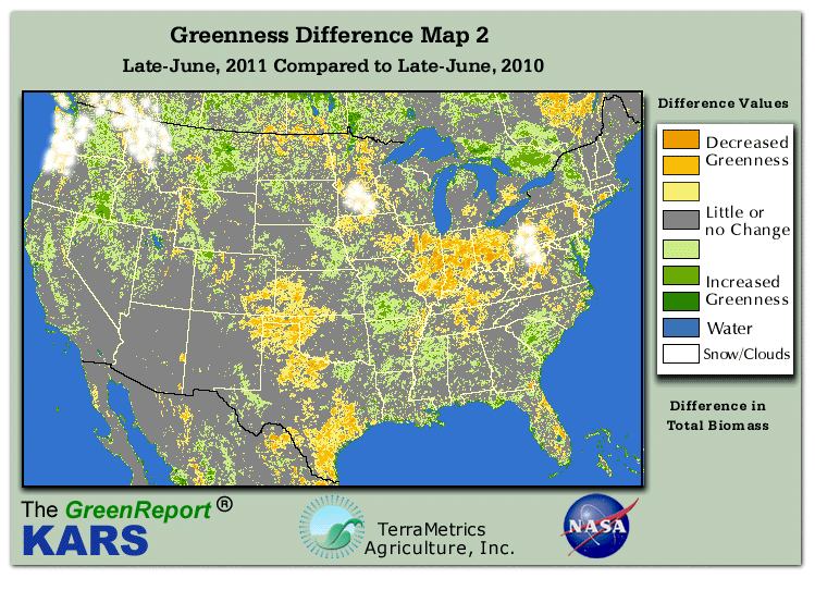 Color-coded U.S. vegetation greeness index map for Period 26 of 2011, illustrating spatial variations in plant vigor, with greener tones indicating higher biomass and browner tones indicating stressed vegetation,
              comparing current crop/vegetation change in biomass to same period from the previous year.