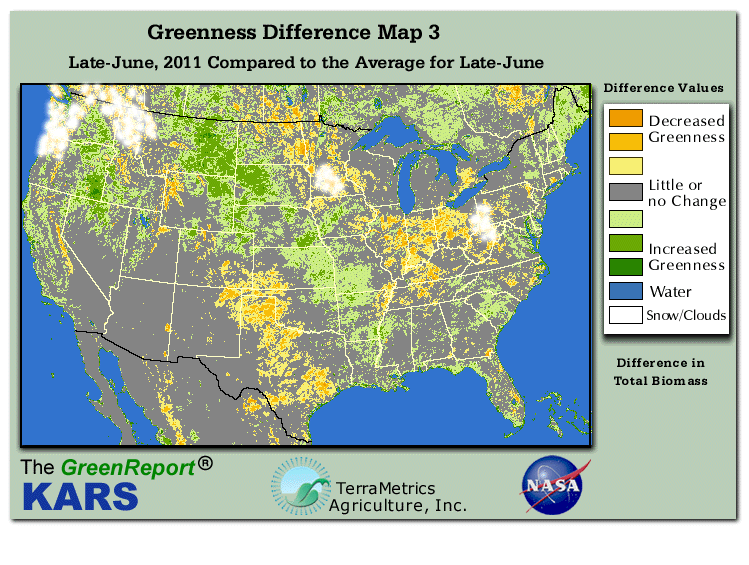 Color-coded U.S. vegetation greeness index map for Period 26 of 2011, illustrating spatial variations in plant vigor, with greener tones indicating higher biomass and browner tones indicating stressed vegetation,
              comparing current crop/vegetation change in biomass to the 20-year greenness average.