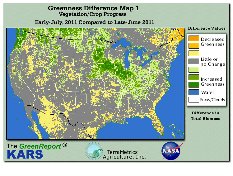Color-coded U.S. vegetation greeness index map for Period 27 of 2011, illustrating spatial variations in plant vigor, with greener tones indicating higher biomass and browner tones indicating stressed vegetation,
              comparing current crop/vegetation change in biomass to the previous week within the same year.