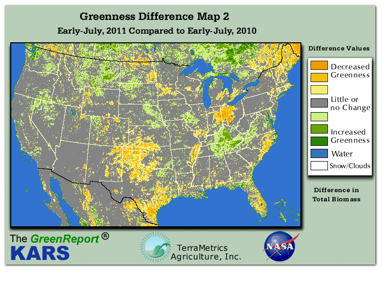 Color-coded U.S. vegetation greeness index map for Period 27 of 2011, illustrating spatial variations in plant vigor, with greener tones indicating higher biomass and browner tones indicating stressed vegetation,
              comparing current crop/vegetation change in biomass to same period from the previous year.