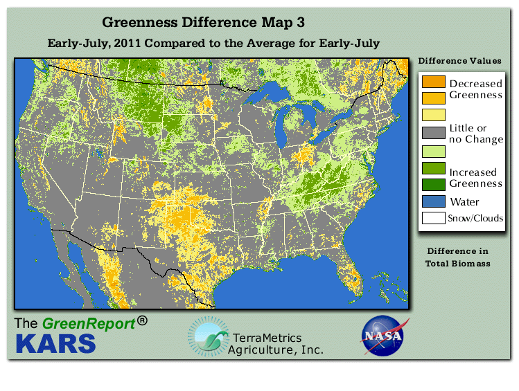 Color-coded U.S. vegetation greeness index map for Period 27 of 2011, illustrating spatial variations in plant vigor, with greener tones indicating higher biomass and browner tones indicating stressed vegetation,
              comparing current crop/vegetation change in biomass to the 20-year greenness average.