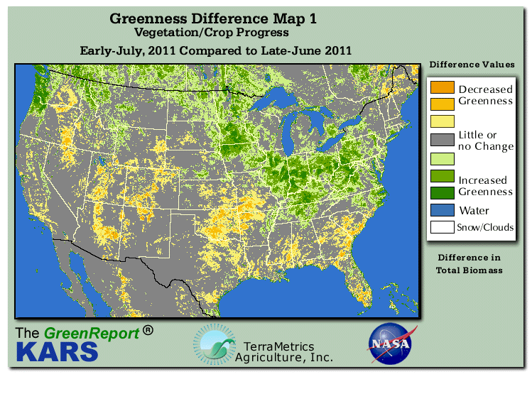 Color-coded U.S. vegetation greeness index map for Period 28 of 2011, illustrating spatial variations in plant vigor, with greener tones indicating higher biomass and browner tones indicating stressed vegetation,
              comparing current crop/vegetation change in biomass to the previous week within the same year.