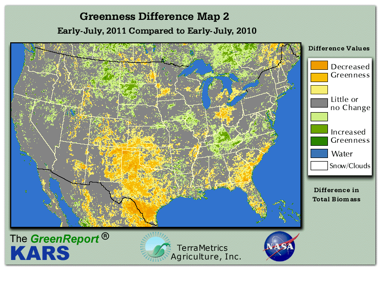 Color-coded U.S. vegetation greeness index map for Period 28 of 2011, illustrating spatial variations in plant vigor, with greener tones indicating higher biomass and browner tones indicating stressed vegetation,
              comparing current crop/vegetation change in biomass to same period from the previous year.