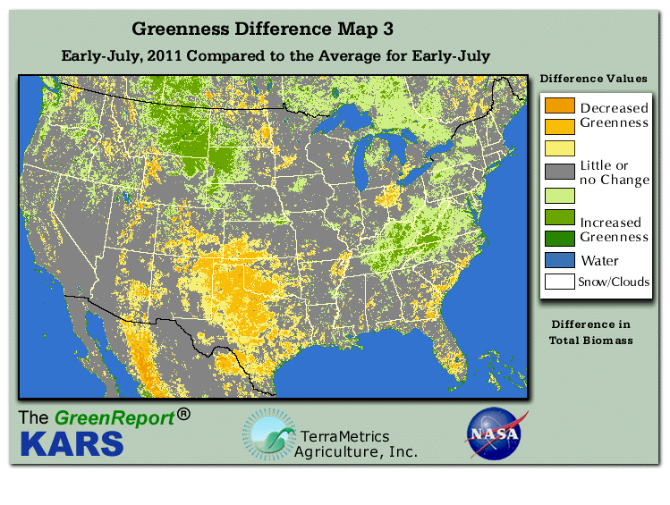 Color-coded U.S. vegetation greeness index map for Period 28 of 2011, illustrating spatial variations in plant vigor, with greener tones indicating higher biomass and browner tones indicating stressed vegetation,
              comparing current crop/vegetation change in biomass to the 20-year greenness average.