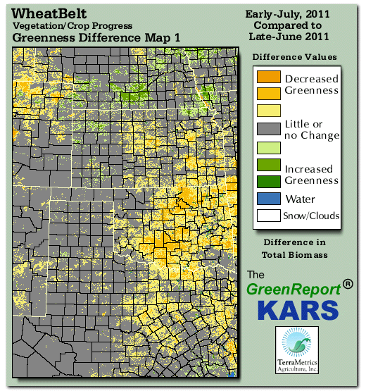 Color-coded Wheat Belt vegetation greeness index map for Period 28 of 2011, illustrating spatial variations in plant vigor, with greener tones indicating higher biomass and browner tones indicating stressed vegetation,
              comparing current crop/vegetation change in biomass to the previous week within the same year.