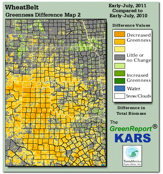 Color-coded Wheat Belt vegetation greeness index map for Period 28 of 2011, illustrating spatial variations in plant vigor, with greener tones indicating higher biomass and browner tones indicating stressed vegetation,
              comparing current crop/vegetation change in biomass to same period from the previous year.