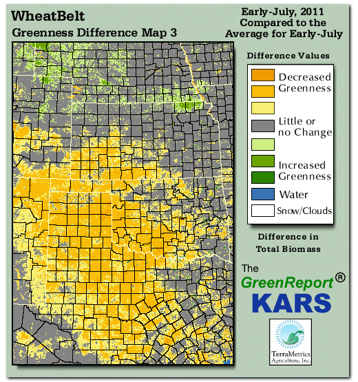 Color-coded Wheat Belt vegetation greeness index map for Period 28 of 2011, illustrating spatial variations in plant vigor, with greener tones indicating higher biomass and browner tones indicating stressed vegetation,
              comparing current crop/vegetation change in biomass to the 20-year greenness average.