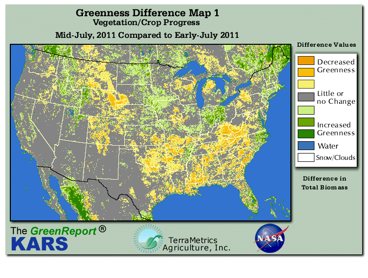 Color-coded U.S. vegetation greeness index map for Period 29 of 2011, illustrating spatial variations in plant vigor, with greener tones indicating higher biomass and browner tones indicating stressed vegetation,
              comparing current crop/vegetation change in biomass to the previous week within the same year.
