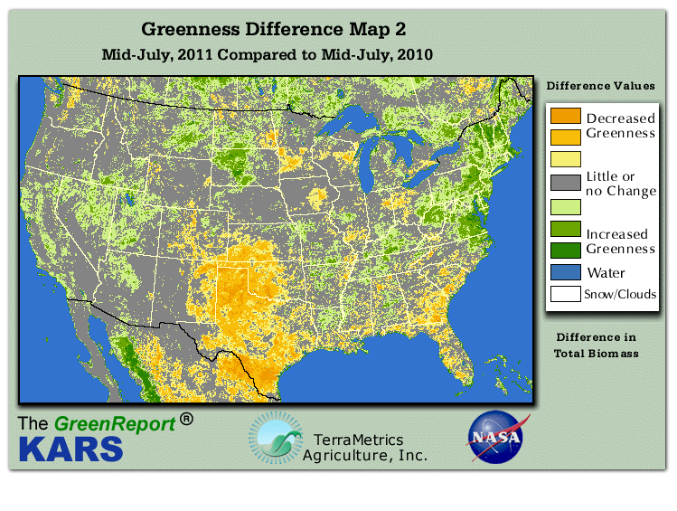 Color-coded U.S. vegetation greeness index map for Period 29 of 2011, illustrating spatial variations in plant vigor, with greener tones indicating higher biomass and browner tones indicating stressed vegetation,
              comparing current crop/vegetation change in biomass to same period from the previous year.
